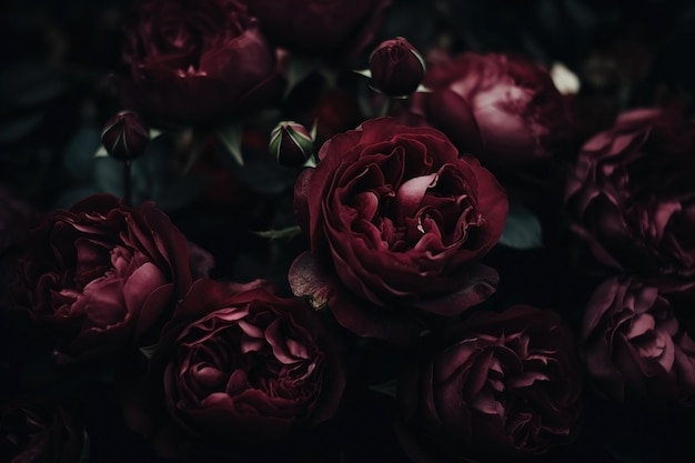 Бордовый цвет розы темный угрюмый романтический фон Крупным планом цветы карты фон Ai создан