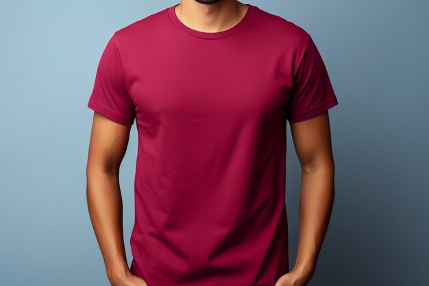 Burgundy red classic crewneck tshirt mockup with model