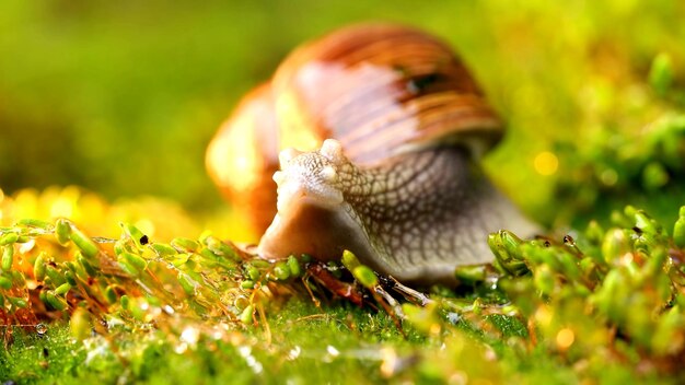 Photo burgundy snail small brown snail on green leaf