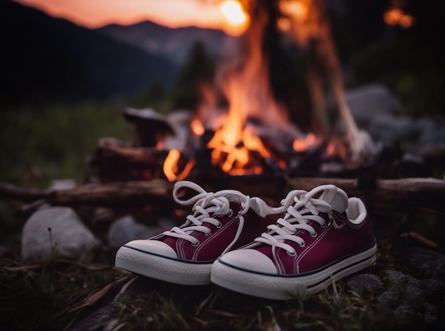 Burgundy sneakers near a fire in a campsite in the mountains at sunset