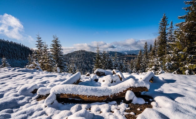 Buried snow-coveredsite for hiking in the mountains i bright cold sun