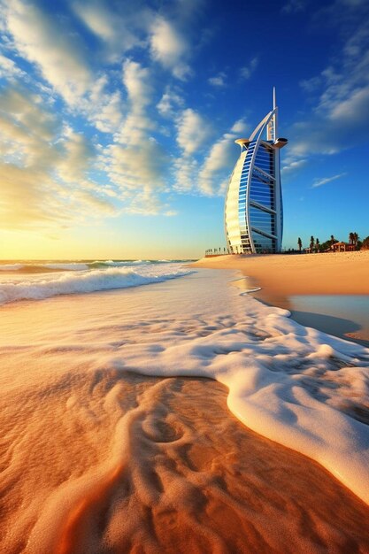 The burj al arab hotel on the beach at sunset