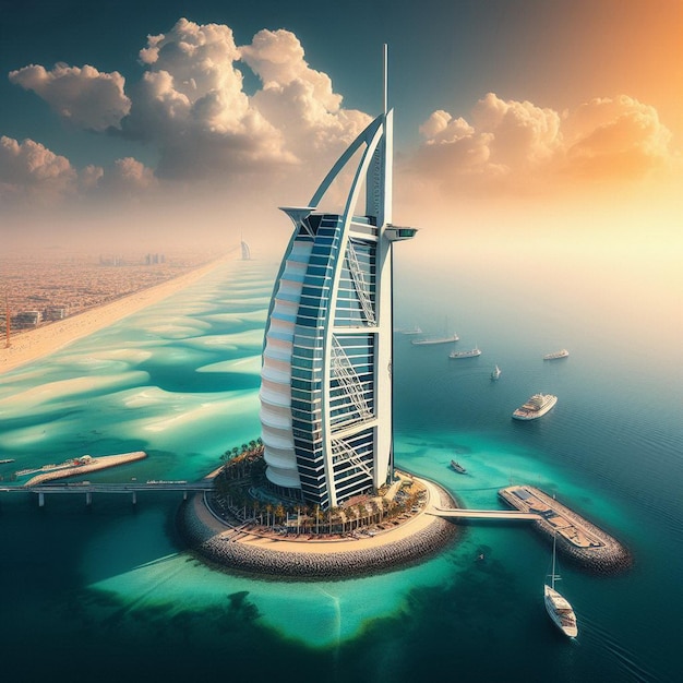 사진 두바이에 있는 부르지 알 아랍 (burj al arab) 은 놀라운 전망을 가지고 있습니다.