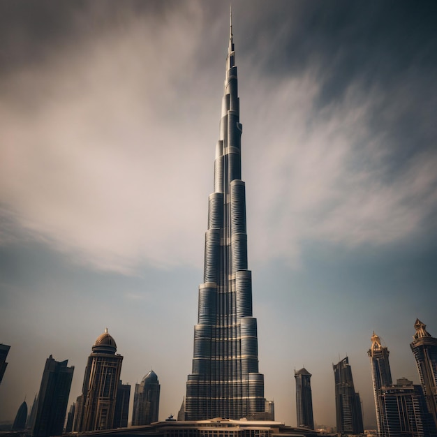 Burj Khalifa en Dubai Downtown in de schemering Verenigde Arabische Emiraten