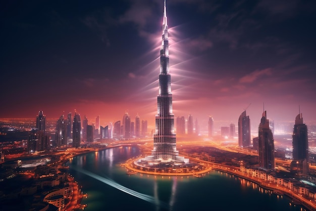 Burj Khalifa in de avondtijd Fotografie met lange belichtingstijd Generatieve AI