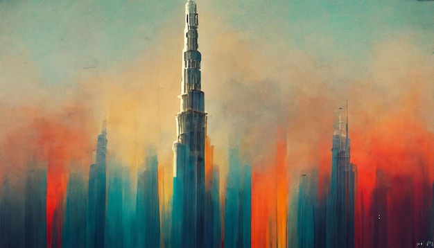 Burj khalifa skyscraper uae dubai with colorful sky painting