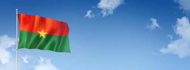 Burkina Faso flag three dimensional render isolated on a blue sky Horizontal banner 3D illustration