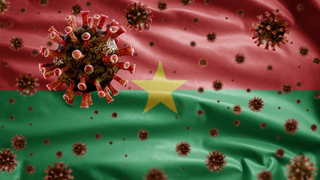 Развевающийся флаг Буркина-Фасо и вирус коронавируса под микроскопом