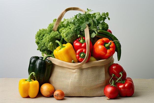 burlap bag filled with Fresh vegetables and fruits isolated on White Background