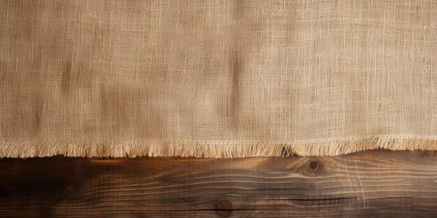 写真 テキストのためのスペースを持つ木製のテーブル上のバーラップの布