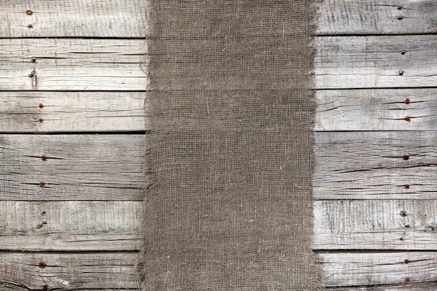 Burlap on old gray wooden, 