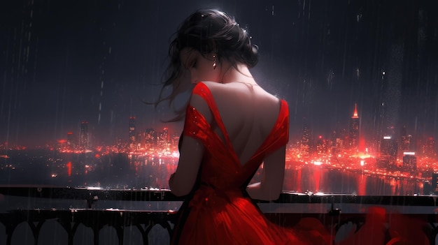 burleske vrouw in noir-stijl in rode jurk