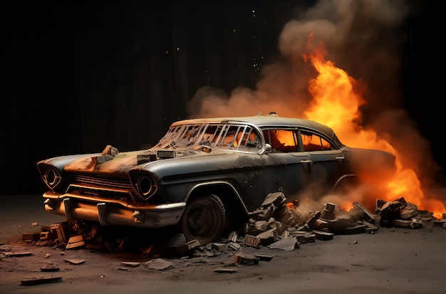 Photo a burn car by the side of the street ai generative