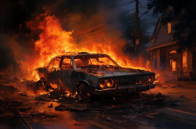 a burn car by the side of the street ai generative