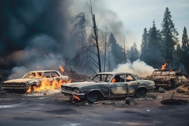 Photo burned cars after natural disaster