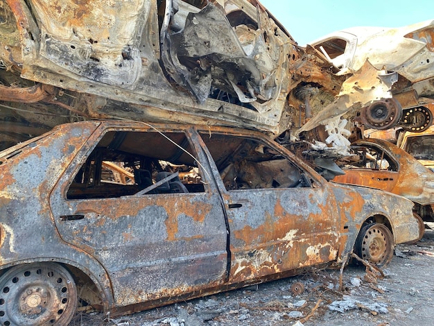 Burned Cars at the Junkyard Close up