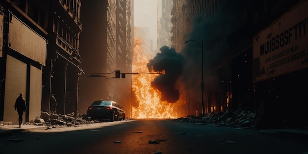 A burned city street with no life apocalyptic scene