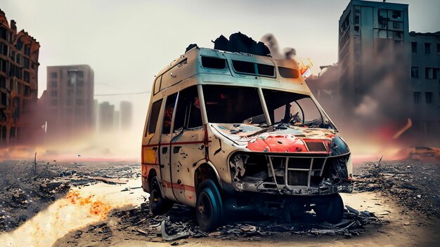 burned destroyed ambulance in the middle of warzone city destruction background generative Ai