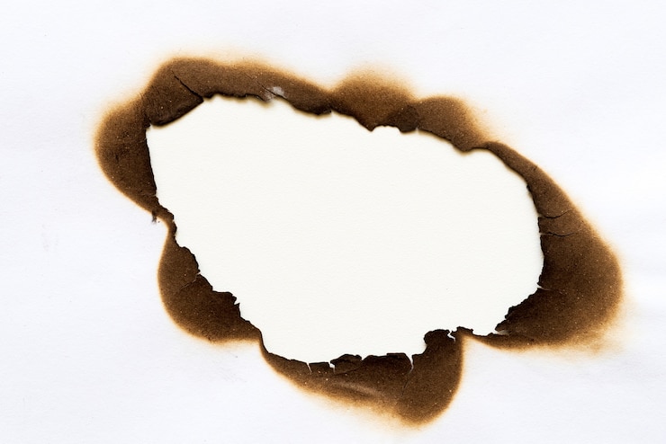 Photo burned hole on piece of paper isolated on white background