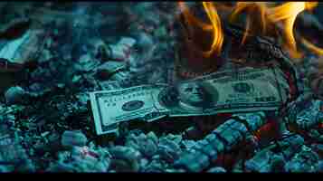 Photo burned money among ashes and flames symbolizing financial loss conceptual image of economic downturn waste bankruptcy and financial crisis ai