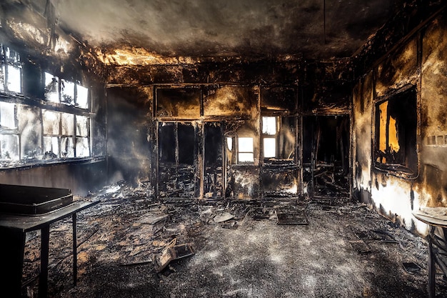 Burned walls of large factory and destroyed industrial buildings