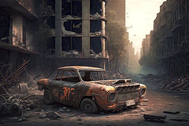 A burnedout car on a city street surrounded by scorched buildings and rubble