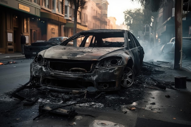 Burnedout car in the middle of street surrounded by debris and smoke created with generative ai