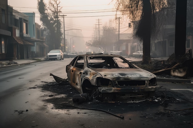 生成 AI で作成された瓦礫と煙に囲まれた道路の真ん中で燃え尽きた車