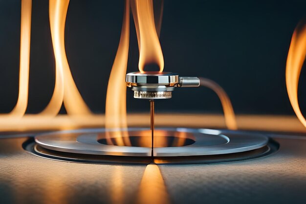 A burner with flames in the background