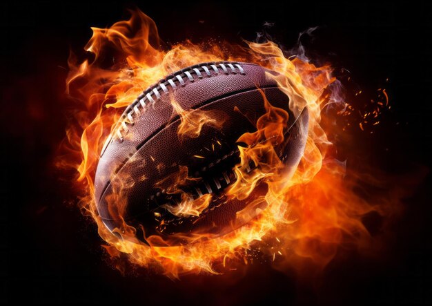 Photo burning american football ball bright flamy symbol abstract on black background