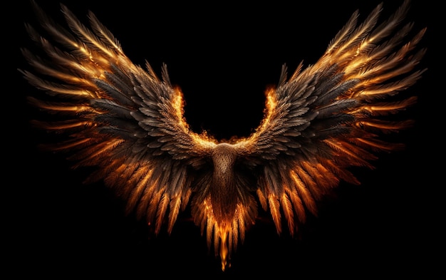 A burning angel wings on a black background
