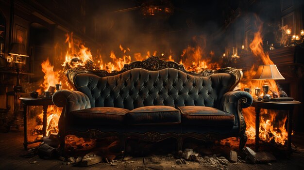 Burning antique sofa Generative AI