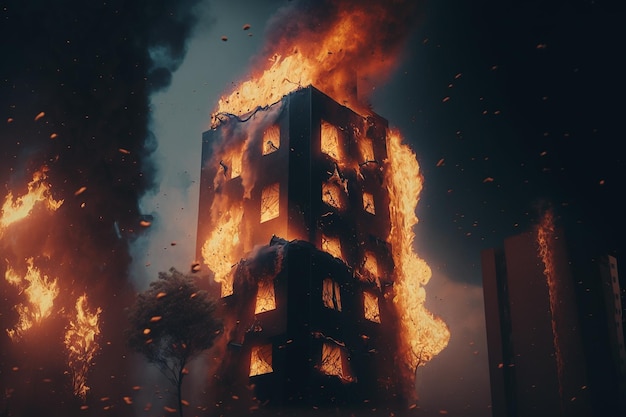 Burning apartment house building illustration Generative AI