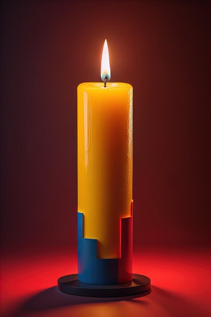 Burning aroma candle on wooden table against solid color background copyspace ai generative