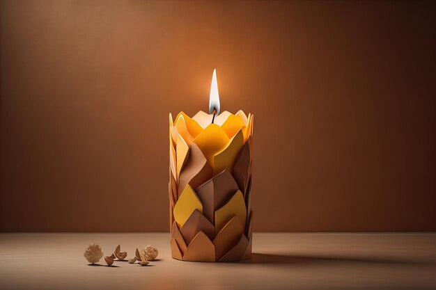 Photo burning aroma candle on wooden table against solid color background copyspace ai generative