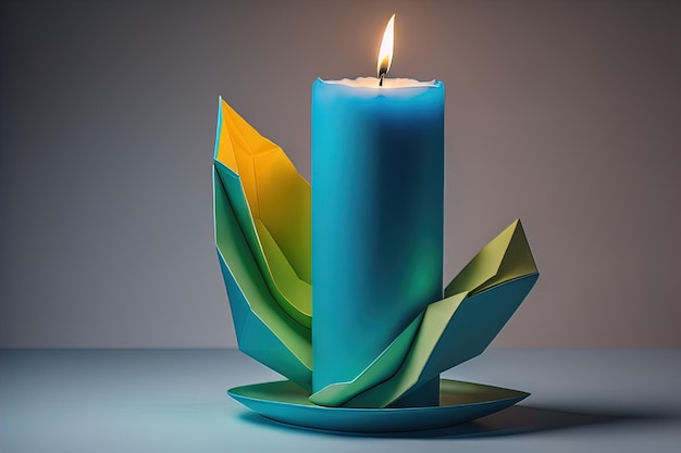 Burning aroma candle on wooden table against solid color background copyspace ai generative