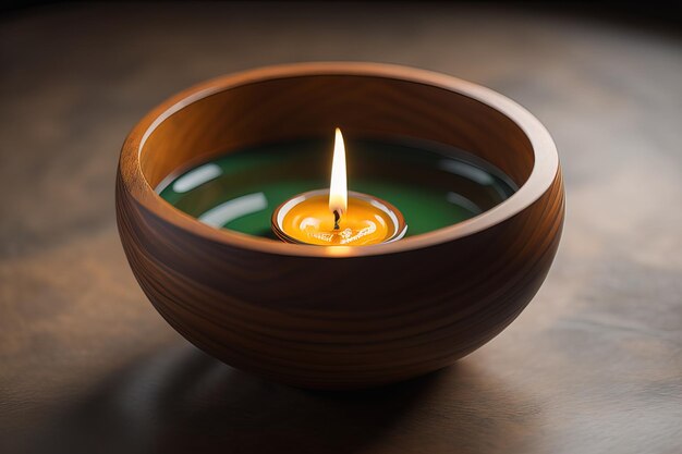 木製のテーブルの上で燃える香りのろうそくは,固い色の背景にコピースペースを生成します.