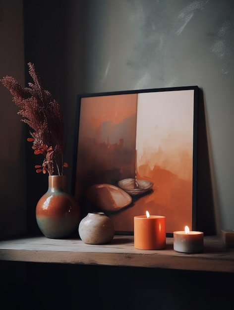 세라믹 그릇으로 향초를 태우고 나무 테이블에 그림을 그리는 Generative AI