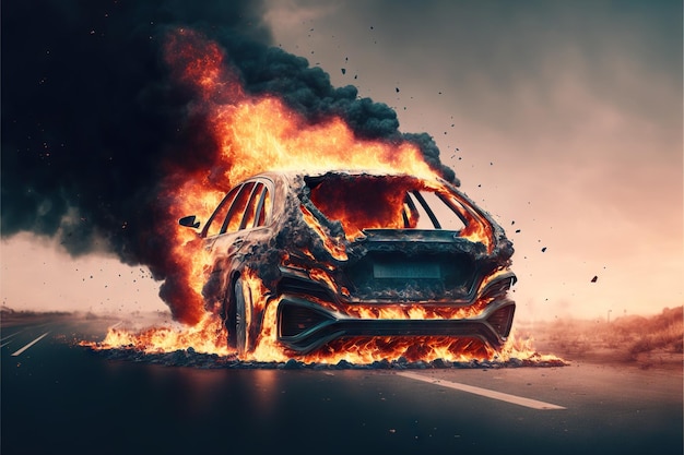 Burning automobile in car accident on road