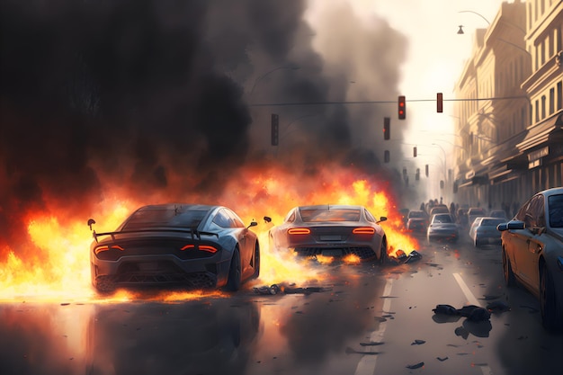 Burning automobile cars on fire accident in city road Neural network generated art