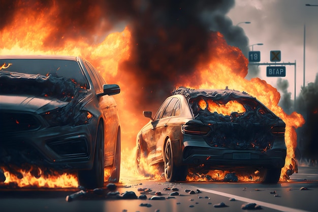 Burning automobile cars on fire accident in city road Neural network generated art