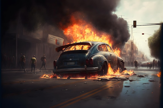 도시 도로에서 화재 사고로 불타는 자동차 자동차 신경망 생성 예술