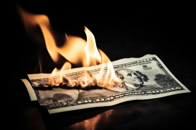 Burning banknote on dark background