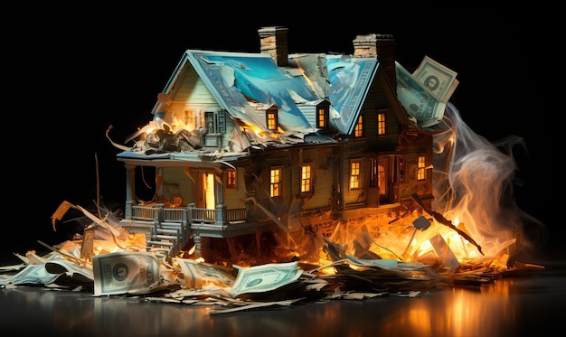 Photo burning banknote house on a dark background selective soft focus