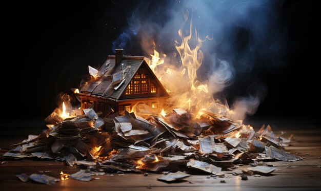 Burning banknote house on a dark background Selective soft focus