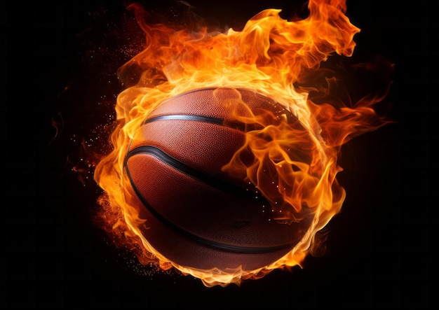 Photo burning basketball ball bright flamy symbol abstract on black background