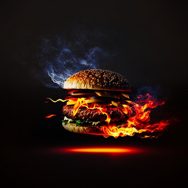 Photo burning beef burger in a bun flying on a dark background generative ai