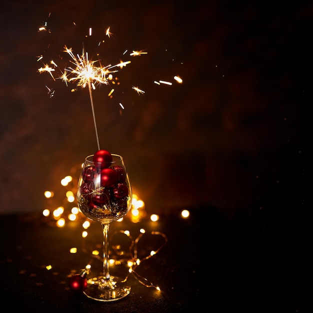 Fuochi d'artificio brucianti del bengala in bicchiere di vino con palle di natale rosse