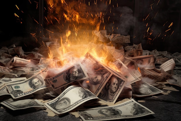 Burning big pile of dollars financial crisis concept Generative AI