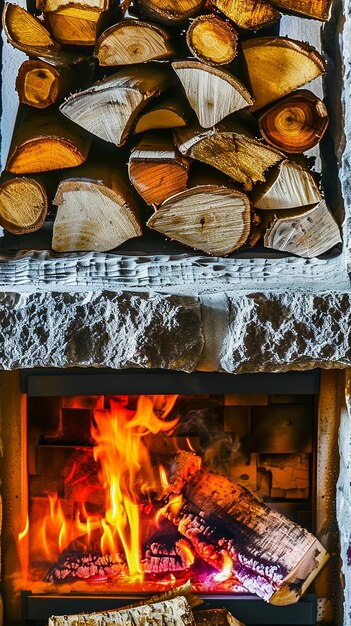 Photo burning birch logs in fireplace on a cold